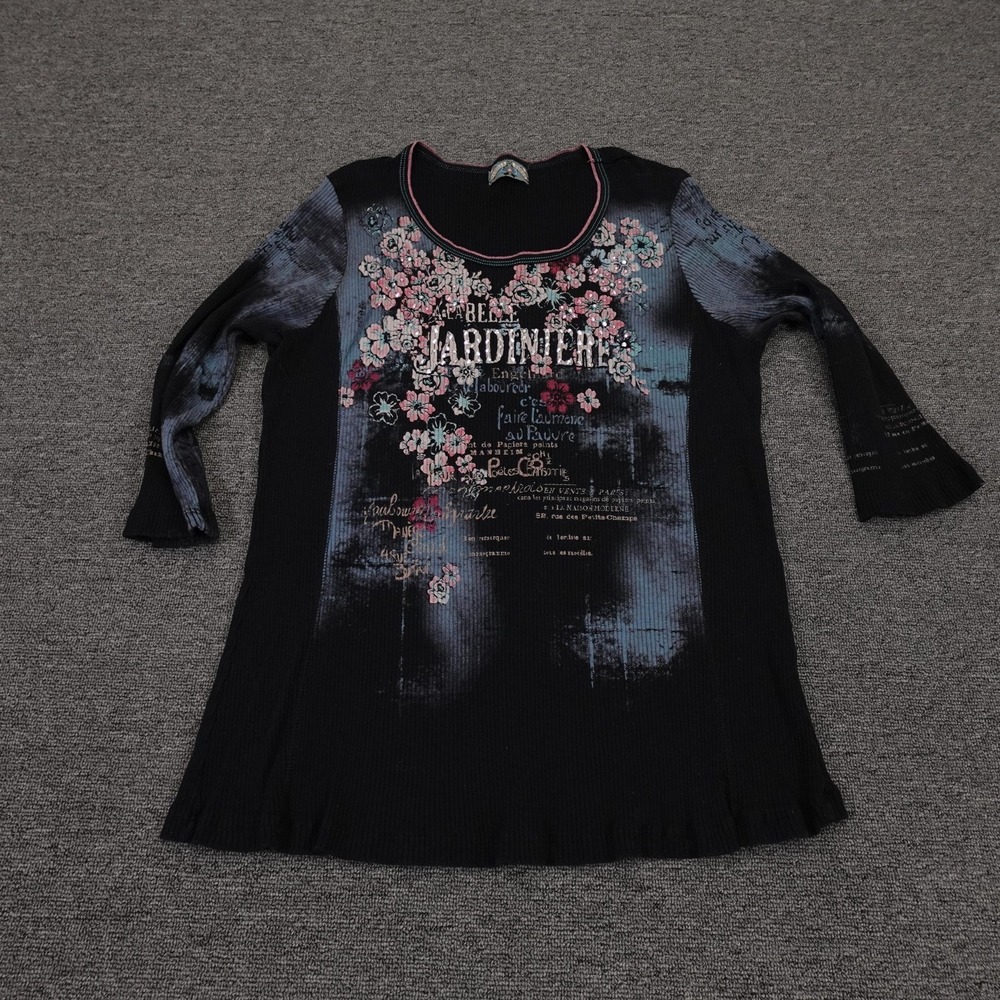 Vintage Vanilla Sugar Shirt Womens 2X Black Floral Scoop Neck Tunic Top Y2K